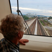 Alfred on the front seat in Vancouver's skytrain which operates without drivers
