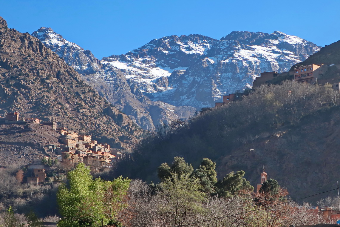 The mountain village of Imlil with Mount Toubkal (top right)