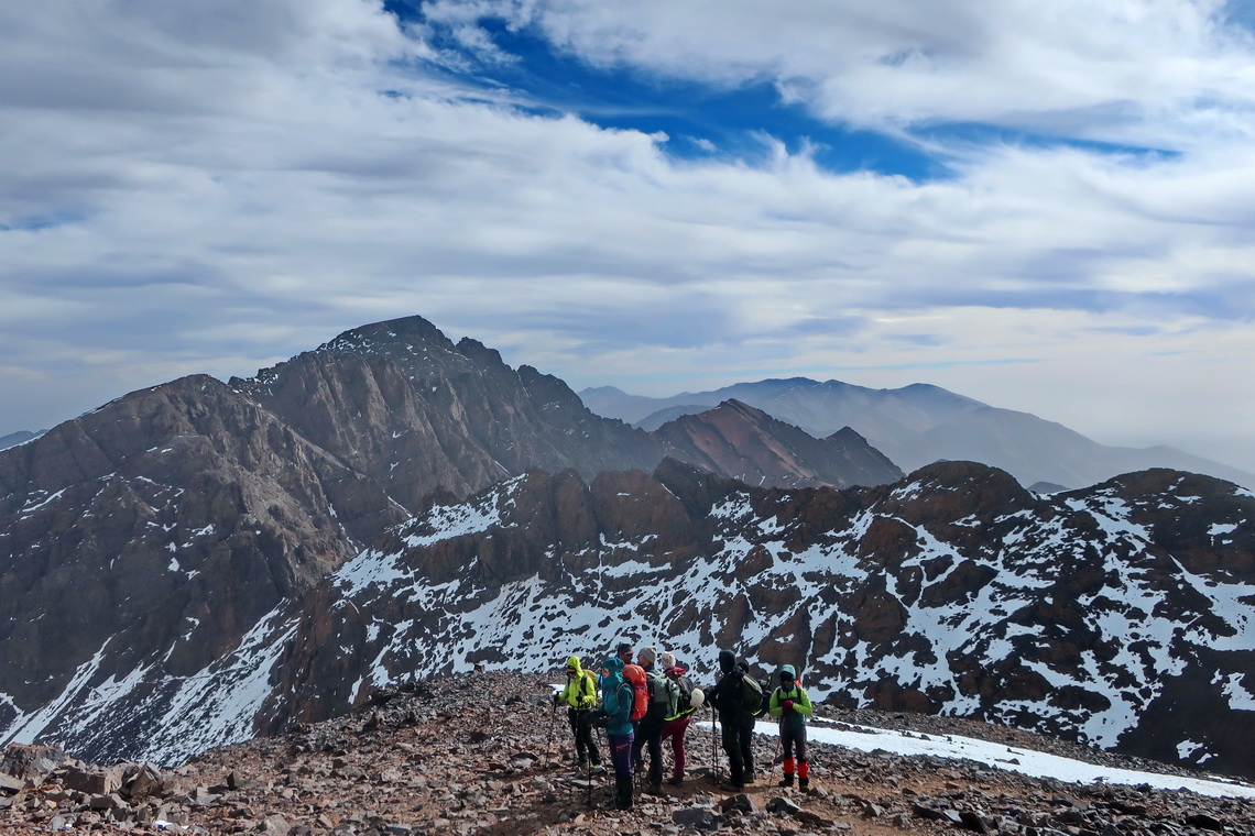 The Spanish group on the climb to Ras Ouanoukrim with the mighty Toubkal behind them