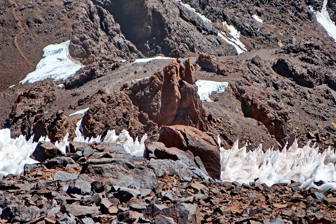 Penitent ice cones on the descent from Timesguida