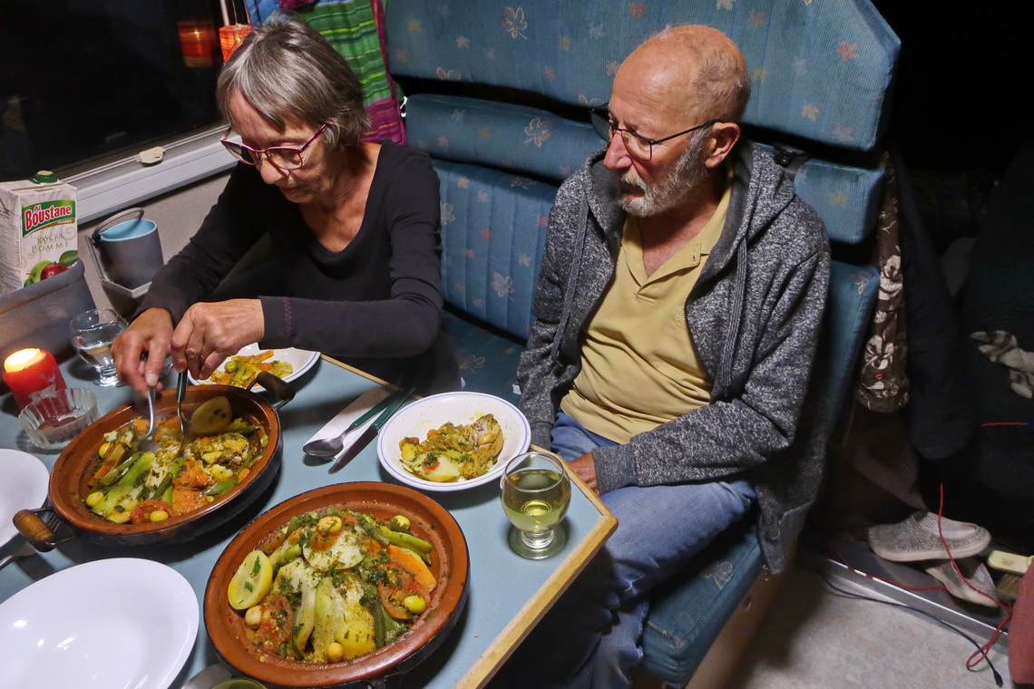 Jutta and Hermann with a delicious Tajine in our camper that we got from the owners of the Camping Doigts du Singe