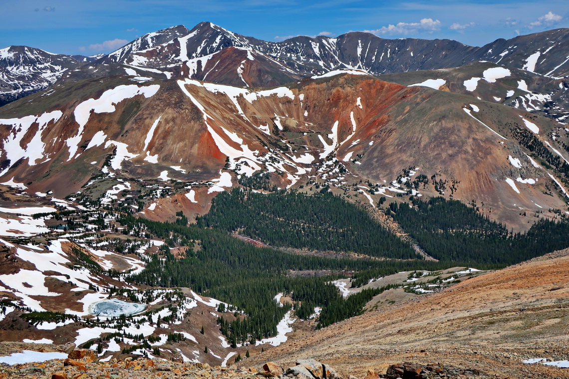 Red slopes with Torreys and Greys Peaks seen from Landslide Peak