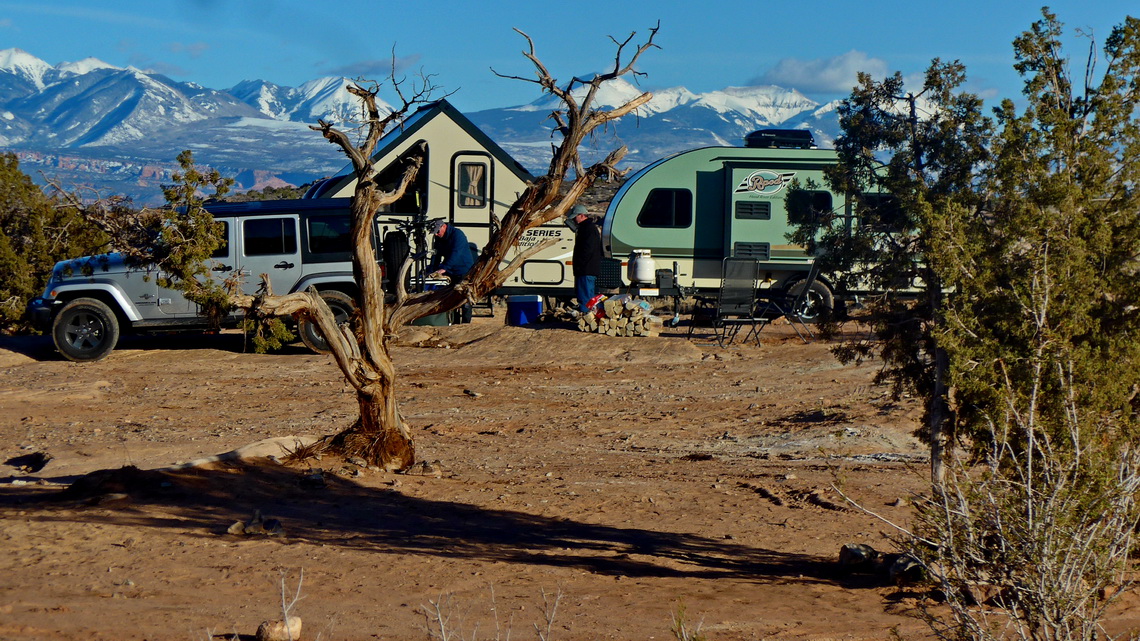 On the campsite Willow Springs Road with snowy Manti La Sal Mountains