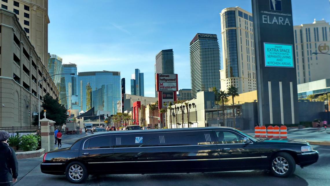 Stretch limousine with hotels close to the strip of Las Vegas