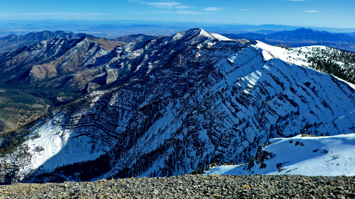 Southeastern ridge of Mount Charleston with Griffith Peak in the center and Kyle Canyon on the left