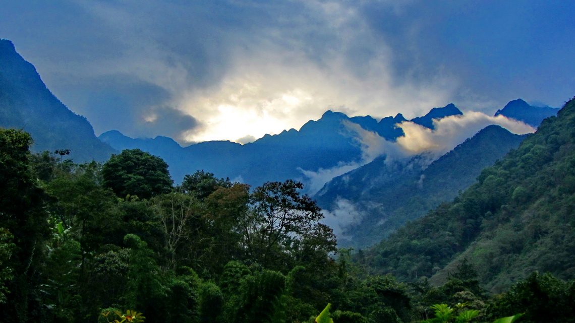 The higher mountains in the first morning light, seen from our campsite