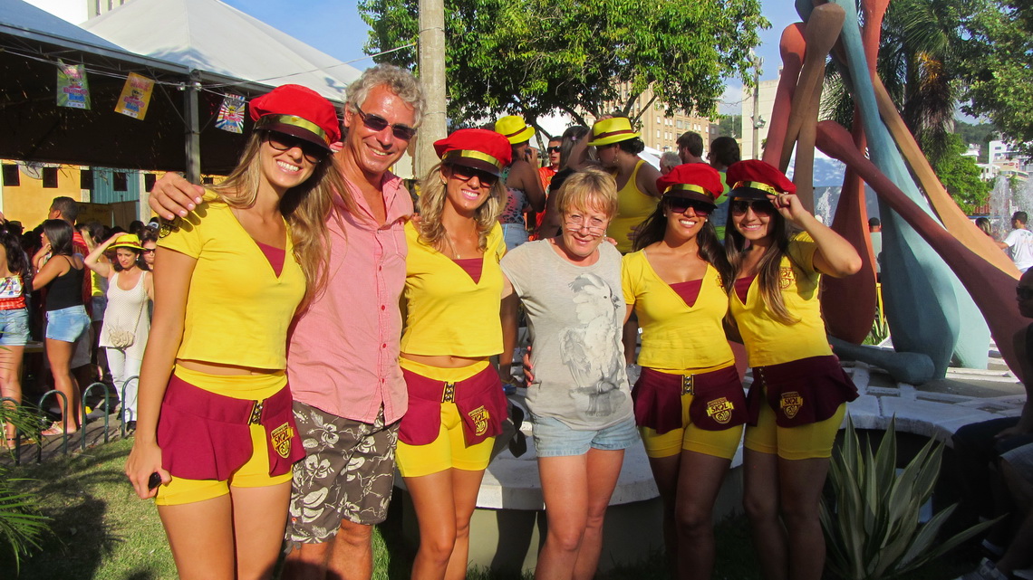 Marion and Alfred with four Skol girls, our favorite beer in Brazil