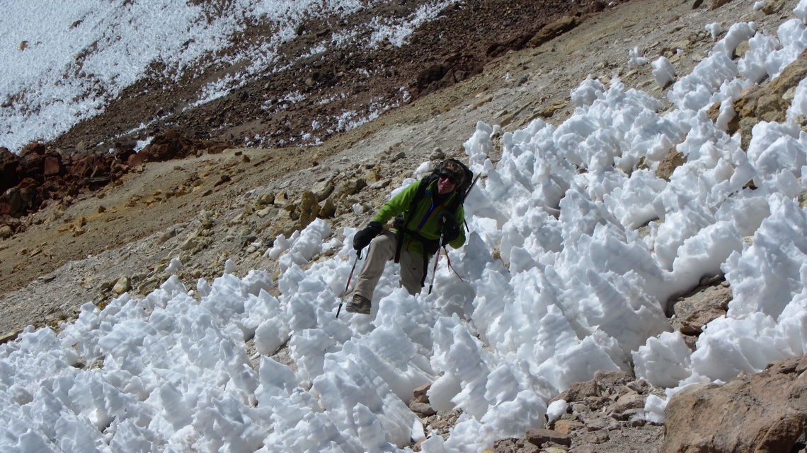 Fighting with snow and ice penitents on the way to the summit of Chachani