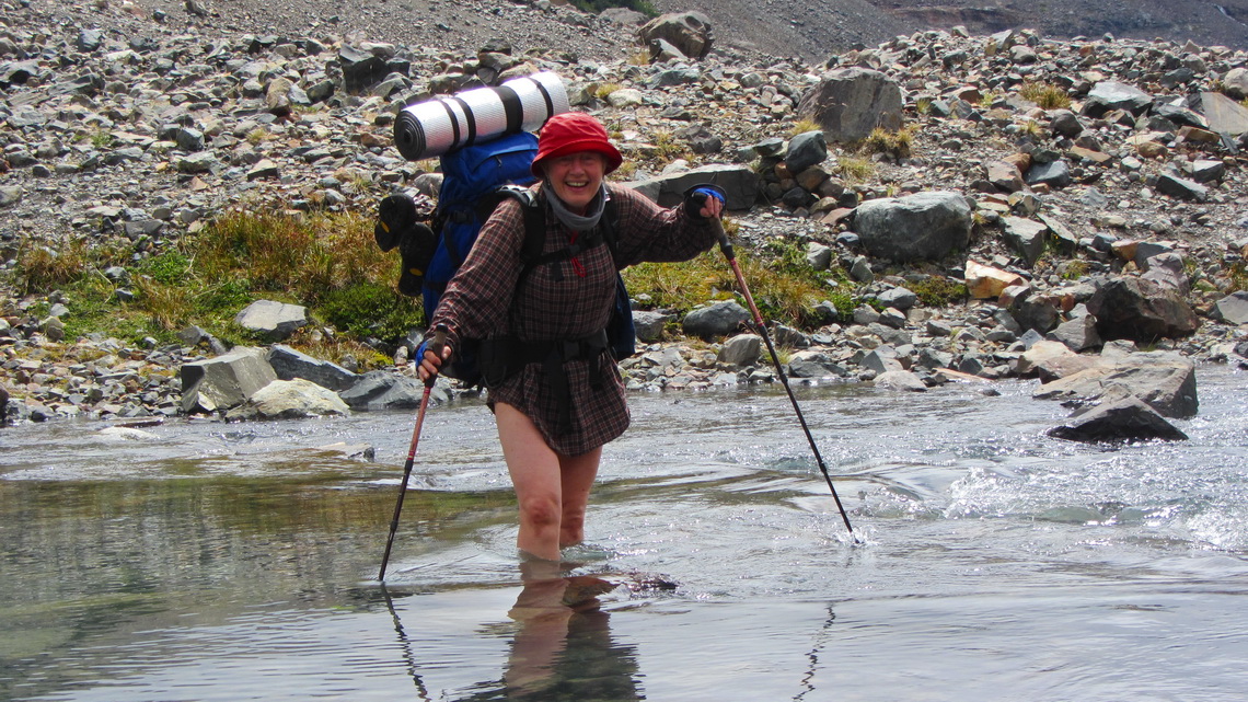 Crossing the river Estero del Bosque on its outflow of Laguna Cerro Castillo