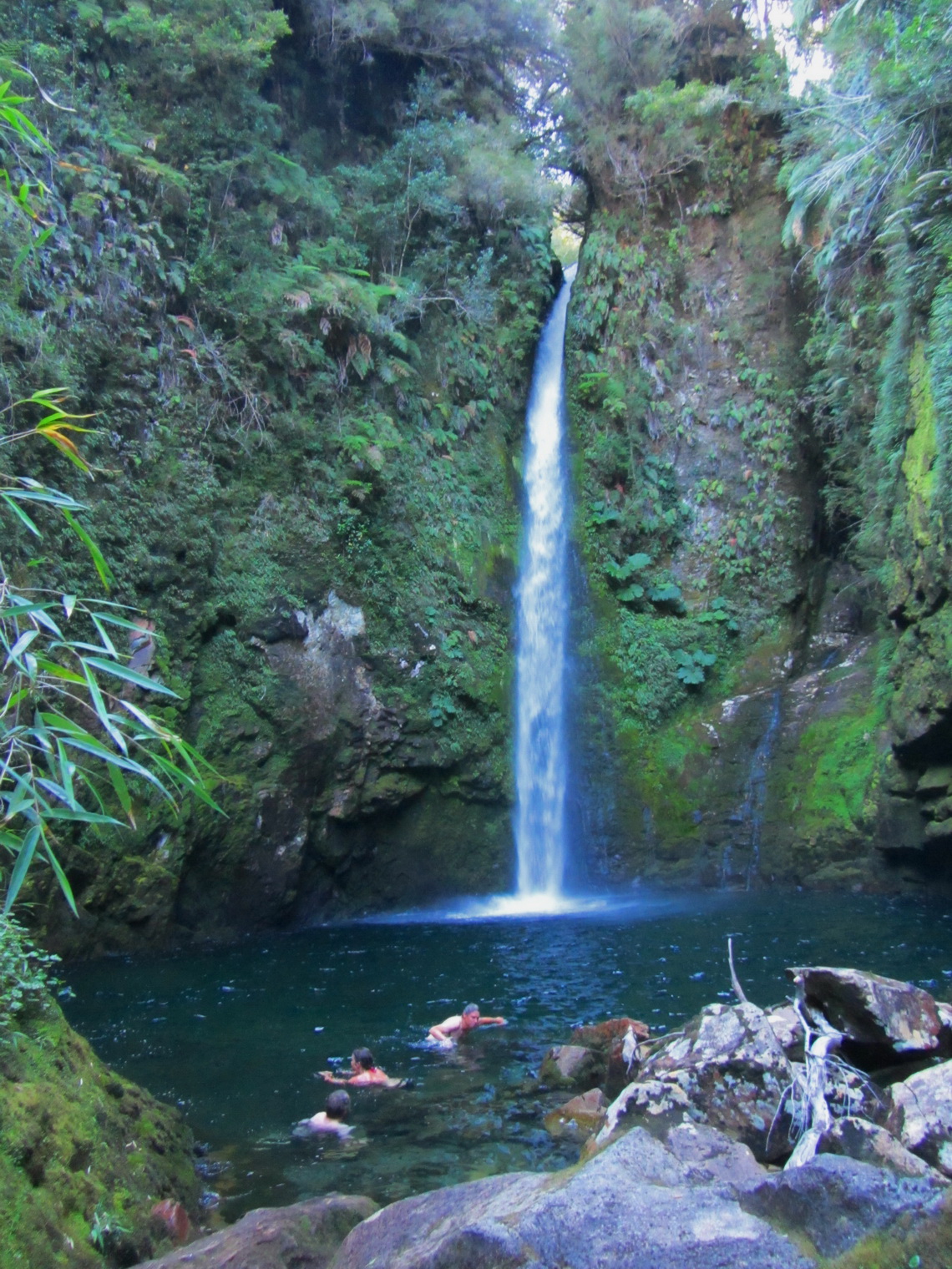 Swimming in the pool under a beautiful waterfall