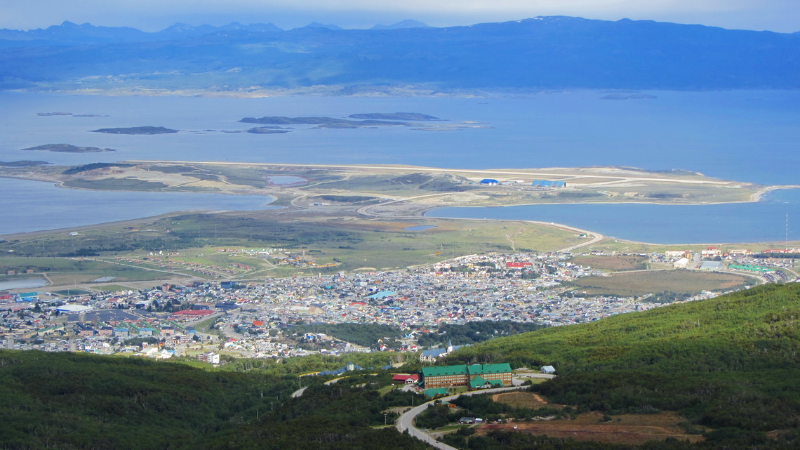 View to Ushuaia and the islands in the Beagle Channel during our descent