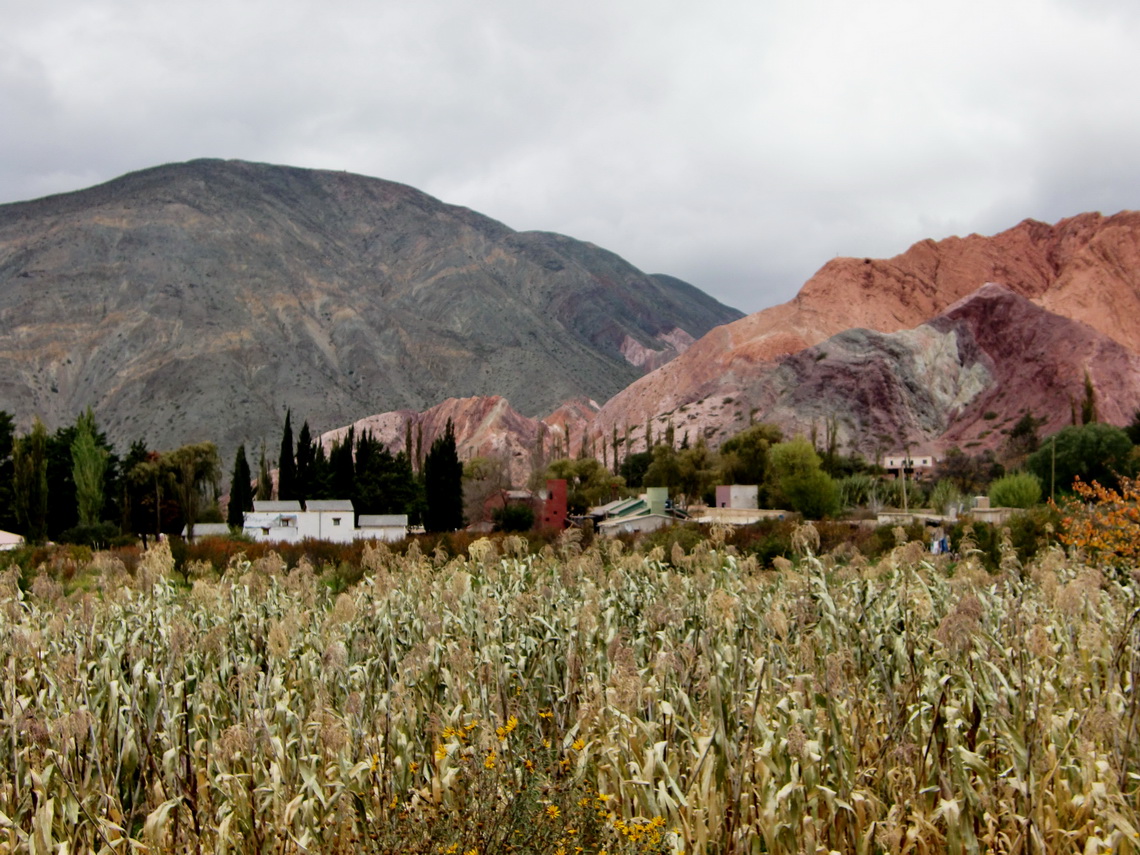 Village of Purmamarca with fruitful vegetaion and red rocks