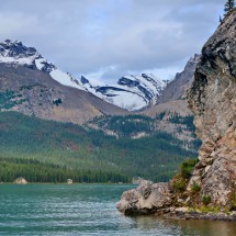 Maligne Lake with snowy mountains in the Southeast