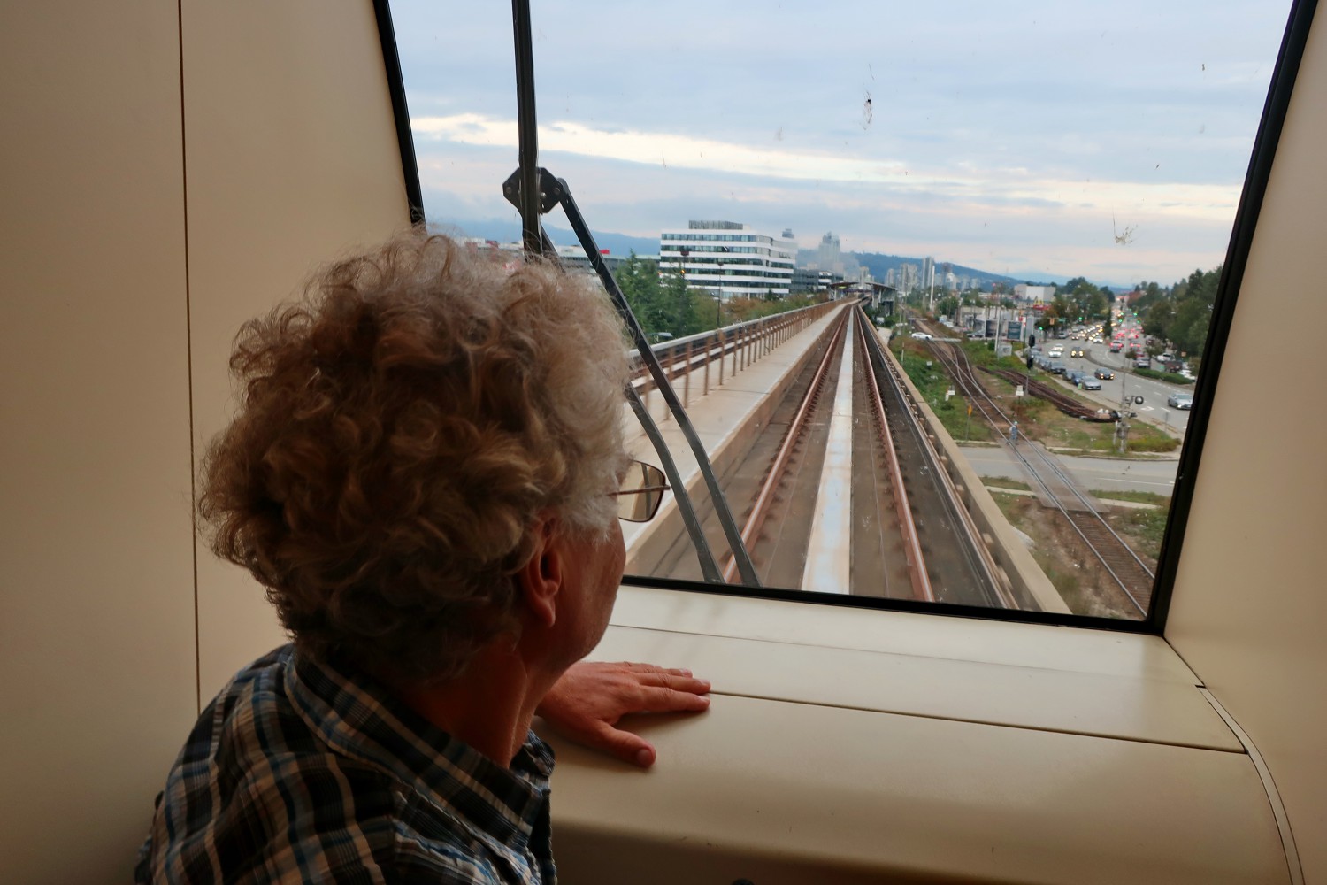 Alfred on the front seat in Vancouver's skytrain which operates without drivers