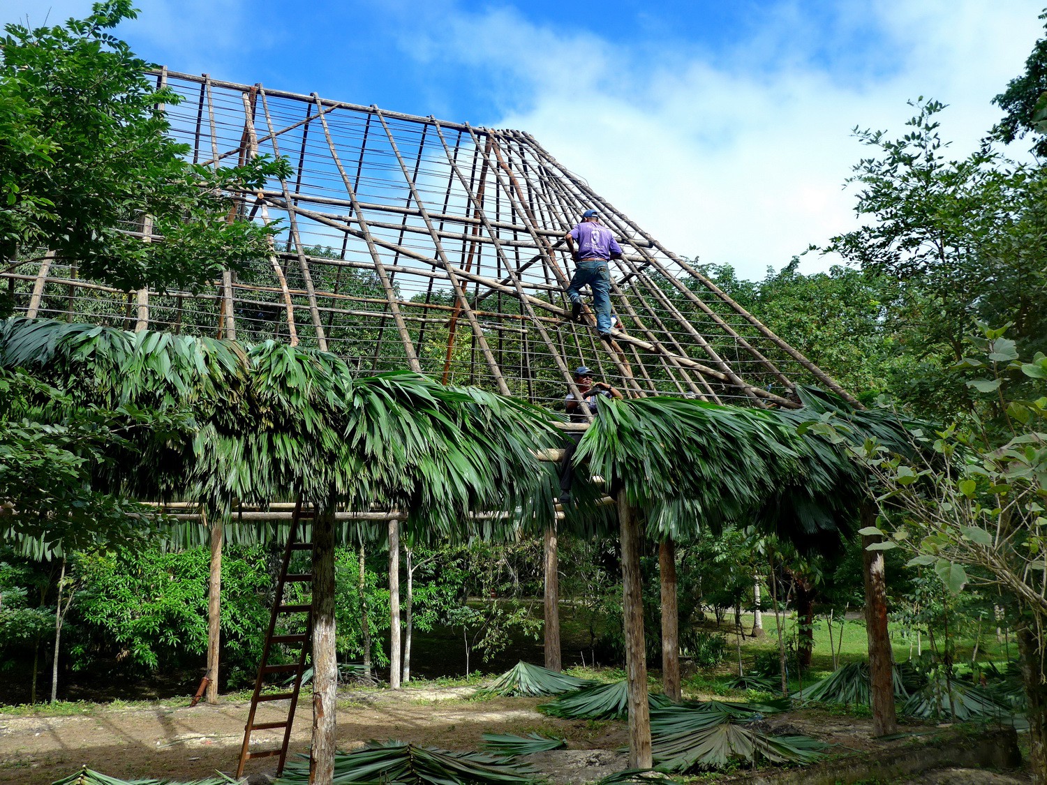 Construction of a roof at the entrance of Tikal