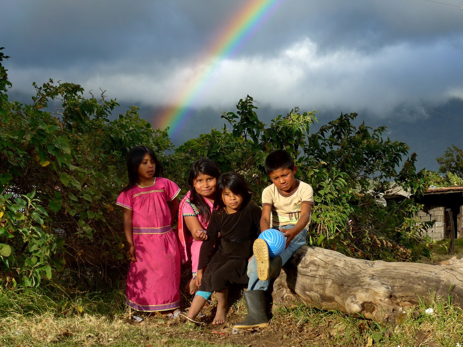 Kids with rainbow - Our camping and parking place on foot of Volcan Barú