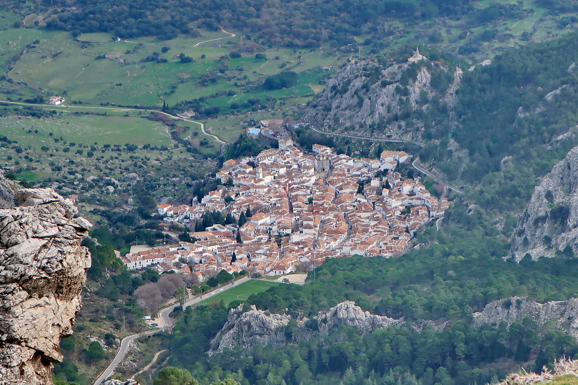 The mountain village Grazalema seen from the descent of San Cristobal