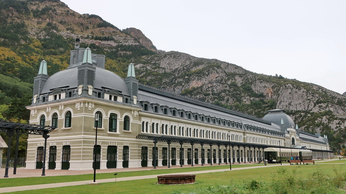 Huge old railway station building of Canfranc which is a luxury hotel now