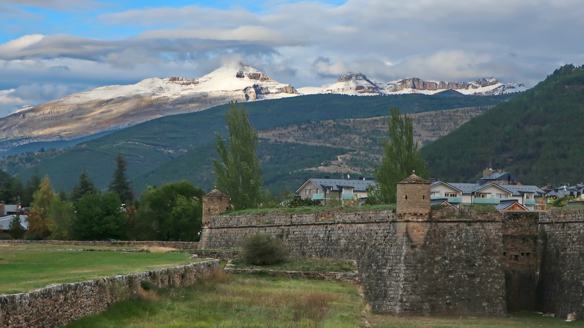 Fortress Ciudadela de Jaca with mountains of the southwestern Pyrenees