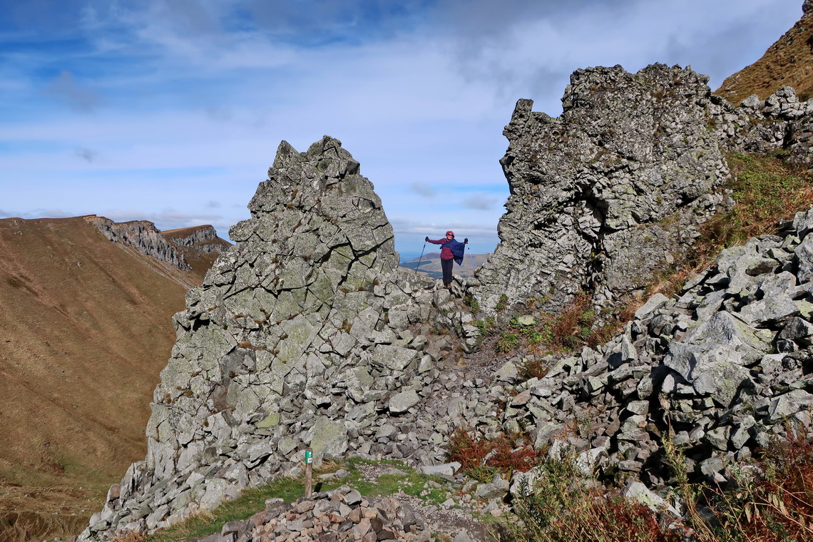 Marion in the rocks on the way to the summit of Puy de Sancy