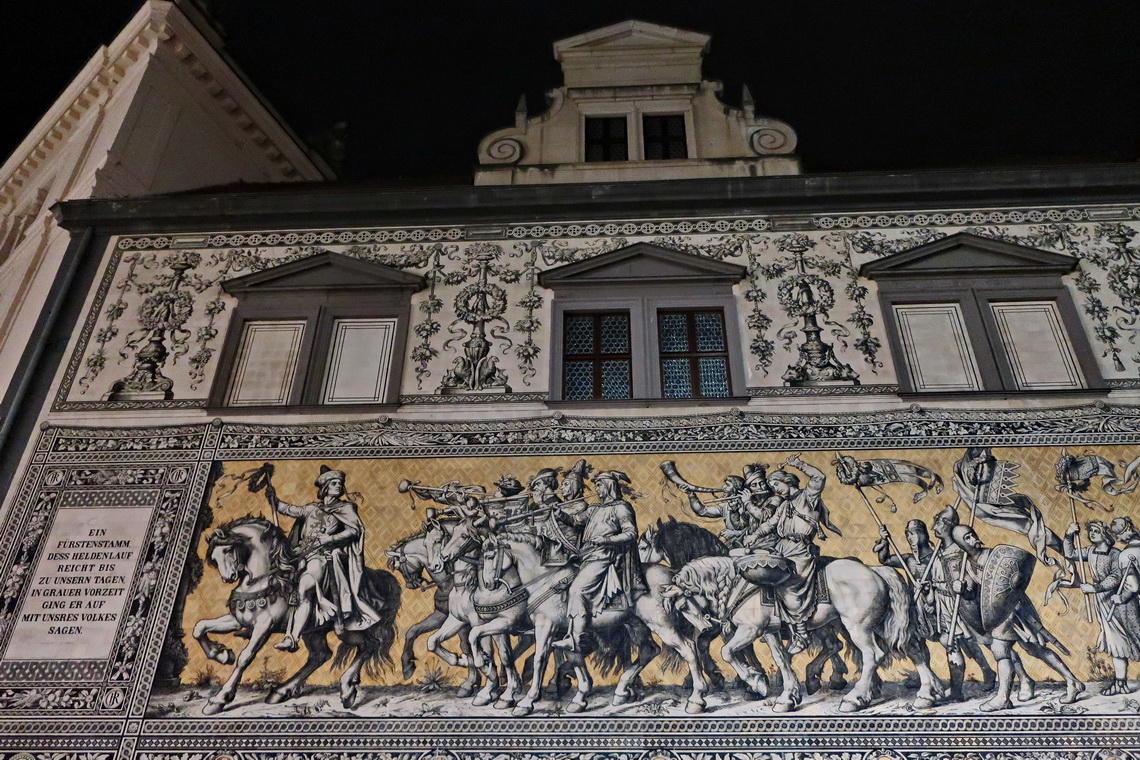 Left side of the 102 meters long mural Procession of Princes in the street Augustenstrasse which shows the rulers of Saxony between 1127 and 1904