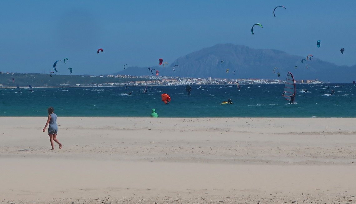 Sarah with Tarifa and Jebel Musa which is the African landmark of the street of Gibraltar