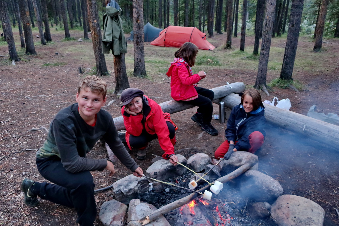 Marshmallows in the wilderness with our two tents in the background