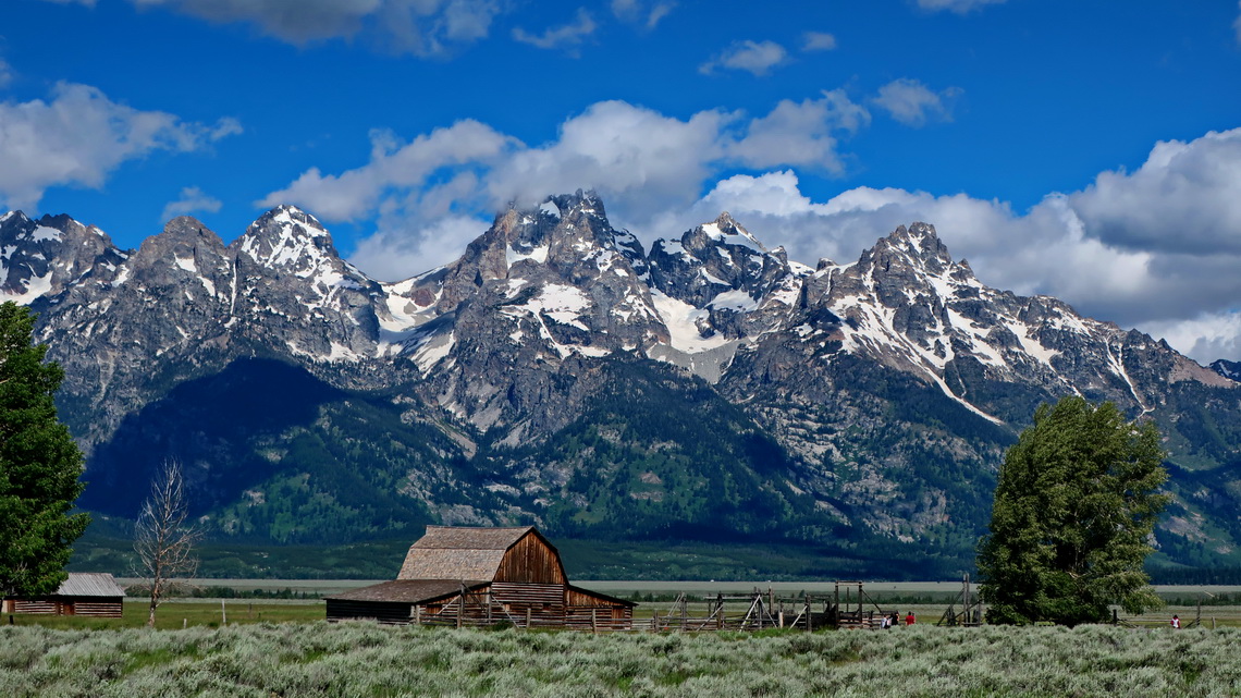 Mormon Ranch with Tetons seen from the street to the campsite on foot of Shadow Mountain