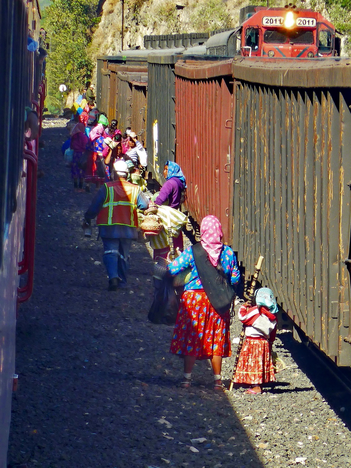Indigenous Tarahumara people on a little train station