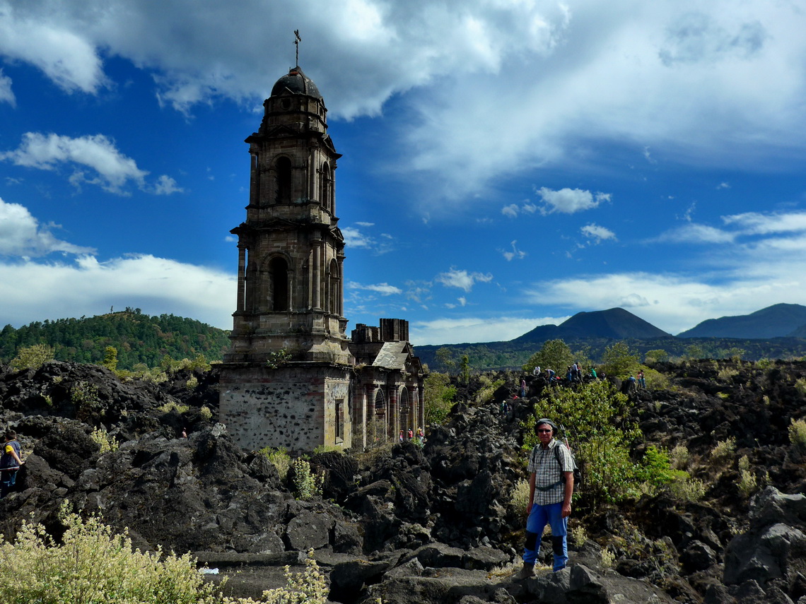 Ruins Santuario del Señor de los Milagros in the lava of Volcan Paricutin