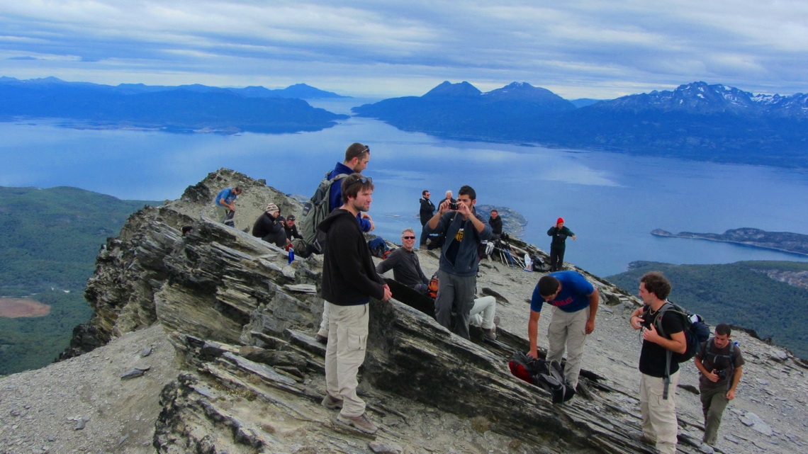 Busy summit of Cerro Guanaco with Beagle Channel in the background